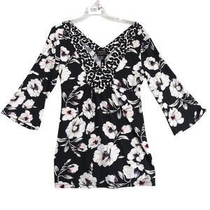 White House Black Market Floral Knit Blouse Womens M Flowy Stretch‎ Top Resort